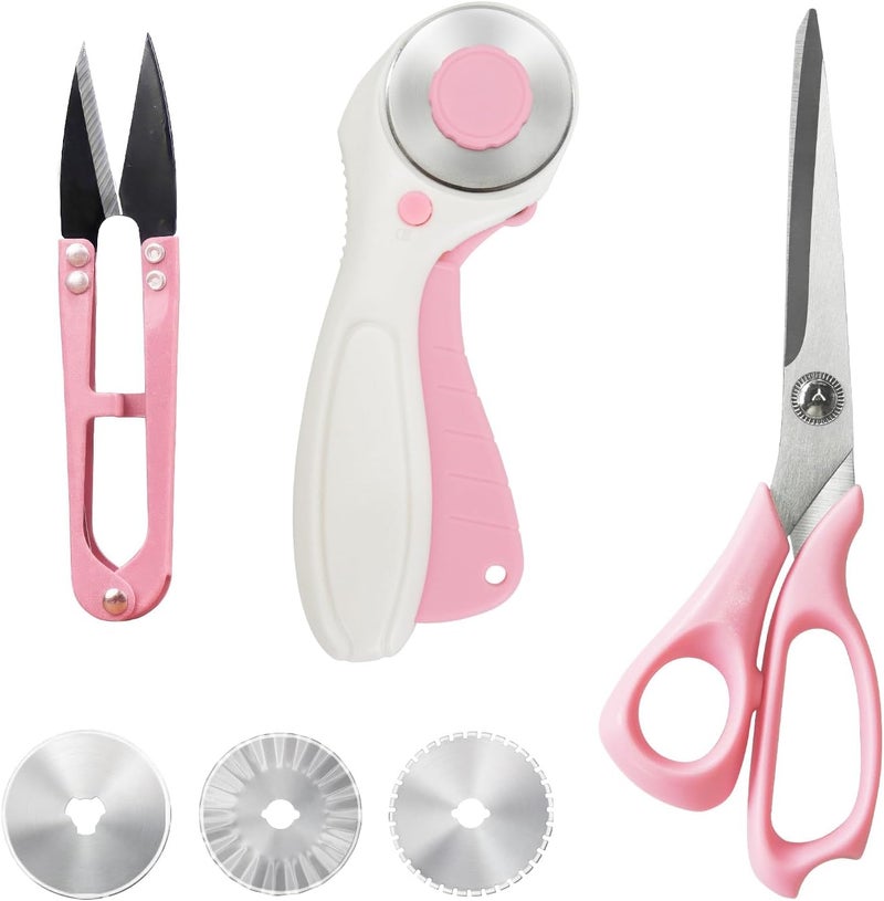 MANUFORE Left-Handed Sewing Tool Kit -8.5in Lefty Fabric Scissors, 4.5in Thread Trimmers, Rotary Cutter with 3 Replacement Blades - Pink Set for Quilters, Crafters, and DIY Projects - Image 1